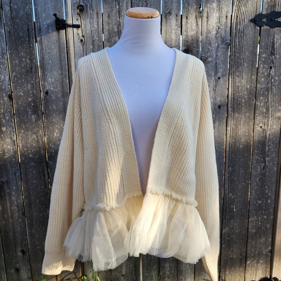 heyson Sweaters - Cream Rib-Knit Open Front Cardigan Tulle Ruffle Hem Coquette Feminine Romantic